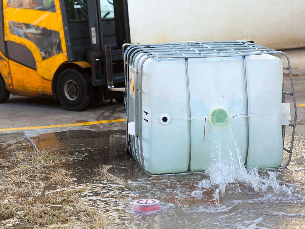 A container of hazardous liquid spills when it falls off a fork lift
